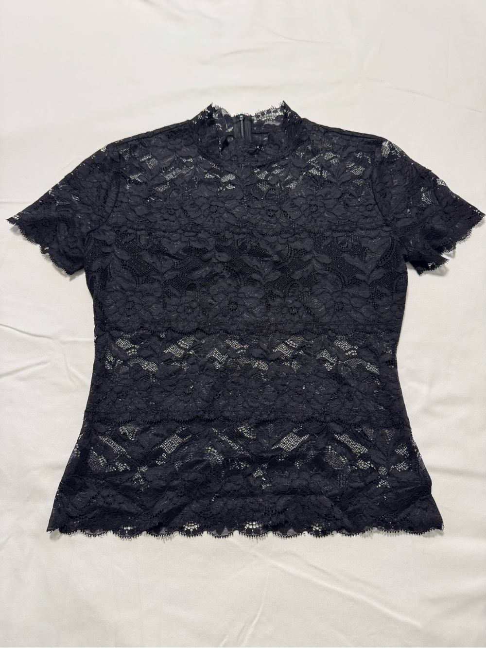 Guess Black Floral Lace Short Sleeve Mock Neck Top